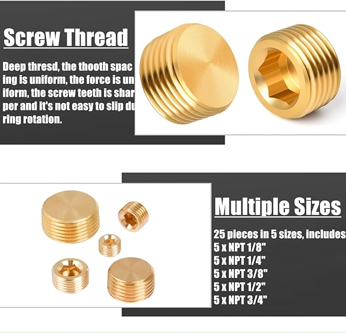 25 Pcs Brass Pipe Plug Fitting, 5 Sizes 1/8" 1/4" 3/8" 1/2" 3/4" NPT Male Internal Hex Thread Socket Pipe Plug Fitting Assortment Kit