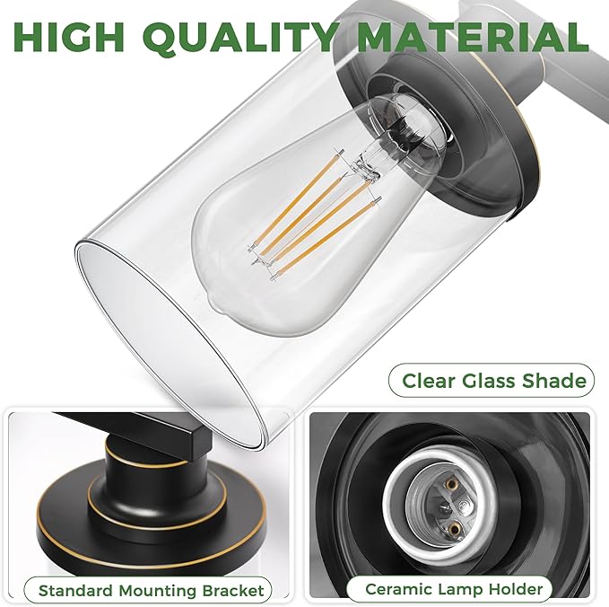 DORESshop 4-Light Vanity Light Fixtures, Black with Gold Trim Bathroom Light Fixtures Over Mirror with Clear Glass Shade, Modern Vanity Lights for Living Room Bedroom