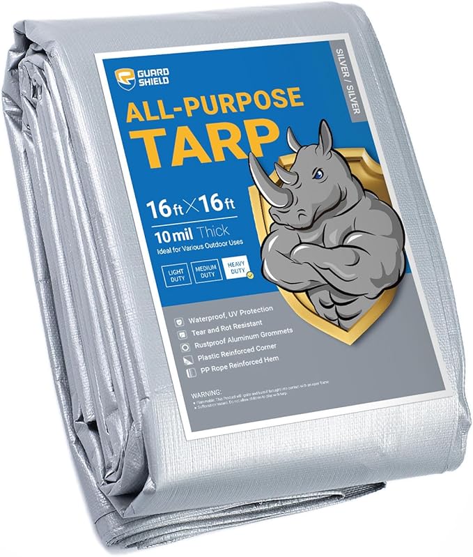 GUARD SHIELD Heavy Duty Tarp 16x16 Feet Silver Multi Purpose Thick Waterproof Poly Tarp Cover 10mil