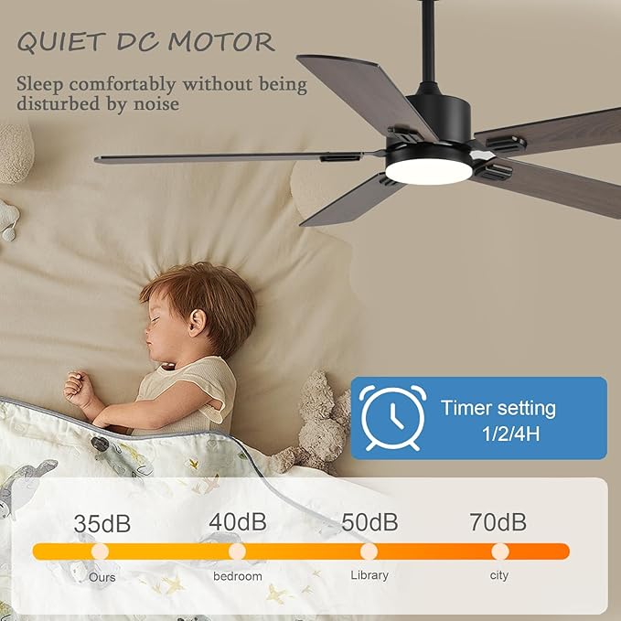 56inch Ceiling Fans with Lights and Remote/App Control, DC Reversible Motor, Noiseless, Dimmable, Low Profile Modern Ceiling Fan for Bedroom Indoor/Outdoor Use（Brown）