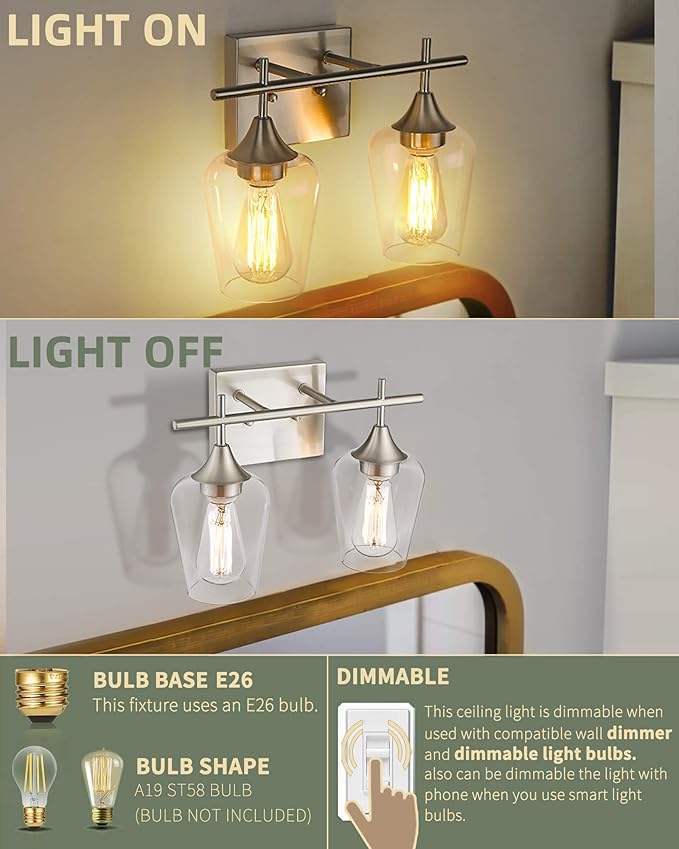 2 Lights Bathroom Light Fixture, 15 Inch Brushed Nickel Bathroom Vanity Lights Over Mirror, Modern Farmhouse Bath Wall Sconce Light with Clear Glass, WL9167-2C