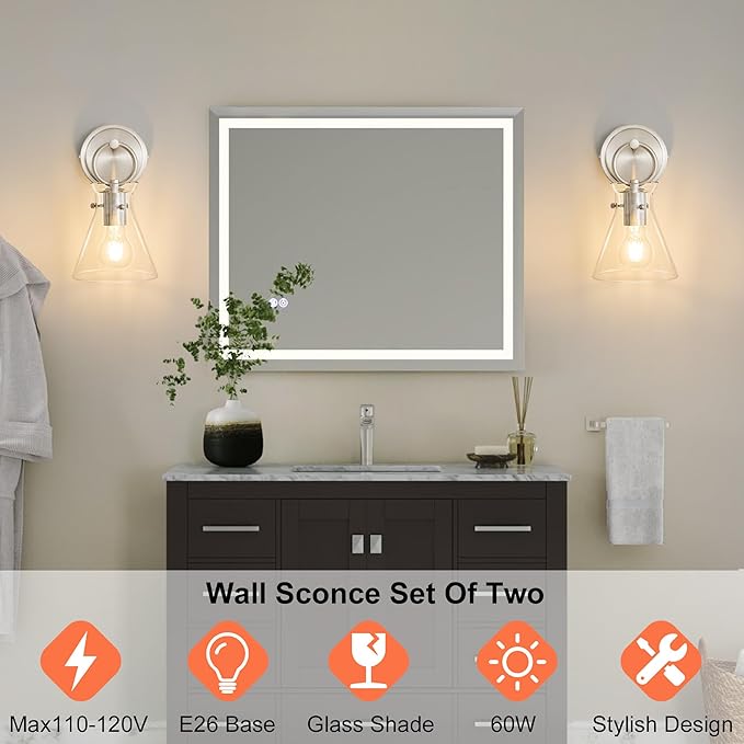 Wall Sconces 2 Pack Modern Vanity Light Fixtures for Bathroom Nickel Wall Mount Lighting Lamp Hardwired Farmhouse Wall Lights with 6 Inch Clear Glass Shade for Bedroom Living Room Mirror