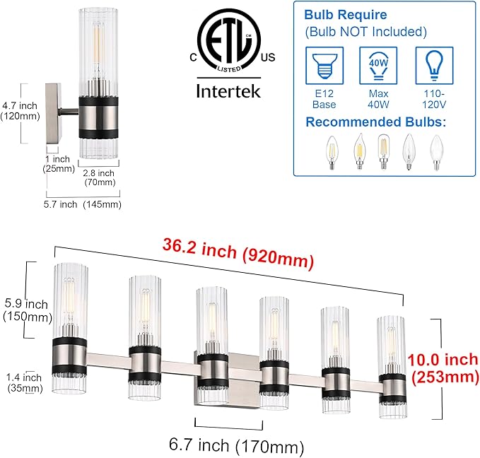 MELUCEE 6 Light Black Vanity Lighting Fixture with Ribbed Clear Glass Shade, Vanity Bathroom Light Fixture Over Mirror Industrial Wall Mounted Sconces Lighting, E12 Base