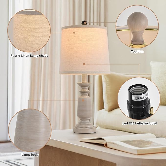 Terpsichore Lamps Set of 2 Modern Farmhouse Table Lamp Bedside Reading Lights Living Room End Lamps Bedroom Night Light,High 22.5 Inch,Light Wood Grain,with Fabric Lamp Shade,Bulb Not Included