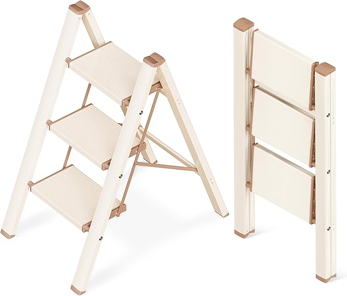 GameGem 3 Step Ladder, Aluminum Folding Step Stool with Anti-Slip Sturdy and Wide Pedal, Lightweight Portable Stepladder for Home and Kitchen Use Space Saving, 330 lbs, Chocolate White