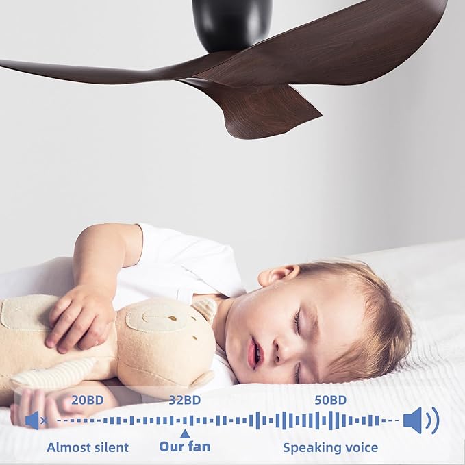 52-Inch Black Ceiling Fan Without Light, Modern Low-Profile Flush Mount Fan with Remote, 6-Speed Reversible Quiet DC Motor,for Patio, Living Room, Bedroom (No Light)