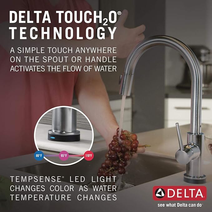 Delta Trinsic Brushed Nickel Touch Kitchen Faucet with Pull Down Sprayer, Modern Single Hole Touch On Kitchen Sink Faucet, Single Handle, Arctic Stainless 9159T-AR-DST