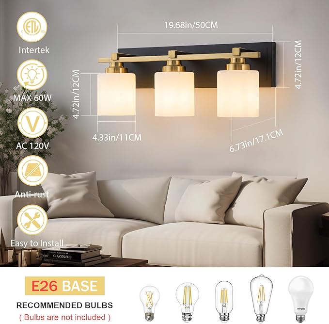 3 Light Modern Bathroom Light Fixtures Over Mirror, Black Gold Vanity Lights for Bathroom Wall Sconces with Milky White Glass Shades, E26 Socket (Bulbs Not Included)