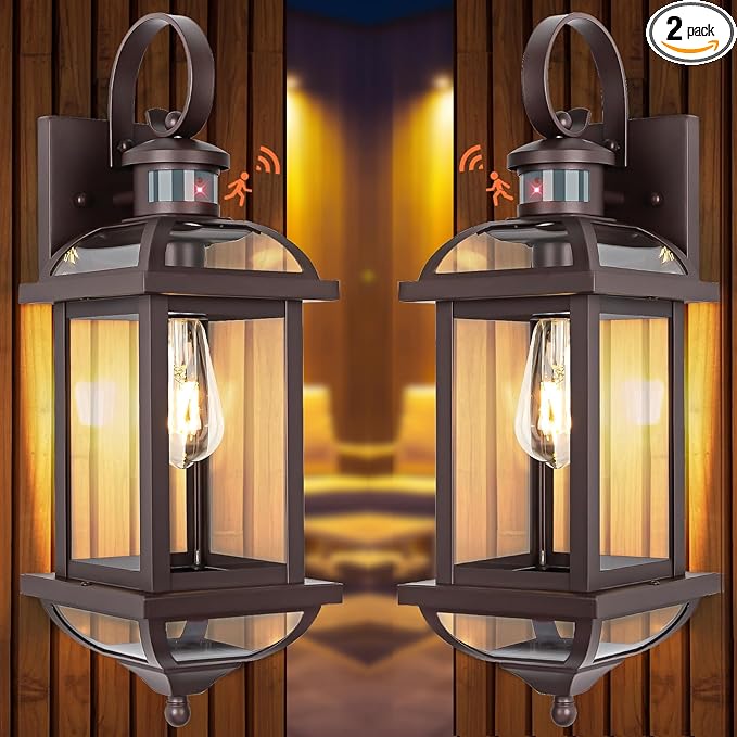 Motion Sensor Outdoor Lights Dusk to Dawn, 19 Inch Enclosed Bottom Anti-Rust Aluminum Oil Rubbed Bronze Porch Lighting Large Exterior Light Fixtures 2 Pack Outdoor Coach Lights for House