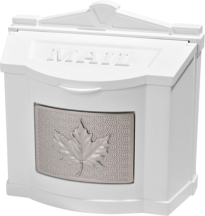 Gaines Wallmount Mailbox - Powder Coated Aluminum with Solid Brass Accents - Mounting Hardware Included (White with Satin Nickel Leaf)