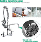 Commercial Wall Mount Kitchen Sink Faucet Brass Constructed Polished Chrome Pre-Rinse Device 25" Height 8" Center with Spring Pull Down Sprayer and 12" Add-on Spout (25 inches)