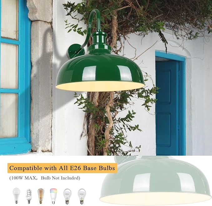 Outdoor Gooseneck Barn Light, 16 Inch Dome Rustic Outdoor Wall Sconce, Farmhouse Exterior Wall Mount Lighting Fixture, Industrial Green Wall Lantern for Porch, Entryway, Garage, RZ007L GR+WH
