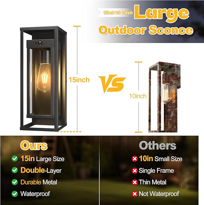 15in Motion Sensor Outdoor Wall Sconce-Black Modern Exterior Lighting Fixture Waterproof Porch Lights Large Outside Lantern Wall Mounted for Coach Doorway Patio