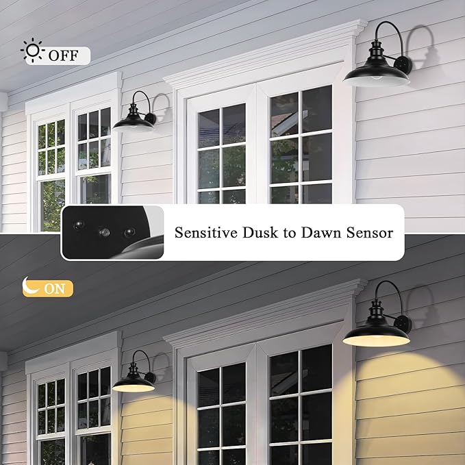 Dusk to Dawn Sensor Outdoor Barn Light Fixtures, 12.3 Inch Dome Farmhouse Outdoor Wall Sconces, Gooseneck Exterior Wall Mount Lights, Industrial Black White Wall Lanterns for Porch, DDRZ004-2 BK+WH