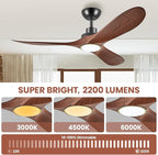 52" Ceiling Fans with Lights, Low Profile Modern Ceiling Fan with Remote Control, DC Motor, Reversible, 3CCT, Dimmable, Noiseless, Indoor Outdoor Ceiling Fans for Bedroom, Living Room, Dining Room