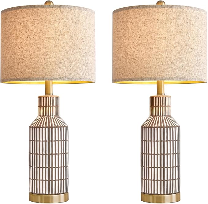 25" Table Lamps Set of 2, Modern Ceramic Bedside Lamps - Farmhouse Brown Nightstand Lamps for Bedroom, Boho Living Room End Table & Office Desk Decor