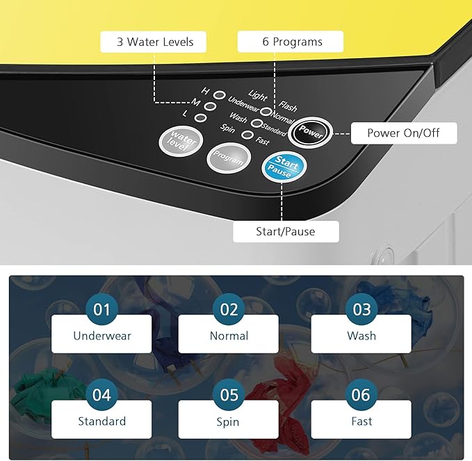 Portable Washing Machine, ARLIME Compact Mini Full-Automatic Laundry 2-In -1 Washer & Spin Dryer 7.7lbs Capacity W/Drainage Pump & Long Hose For Condo, Apartments, Dorms, RV’s Camping Living (Yellow)