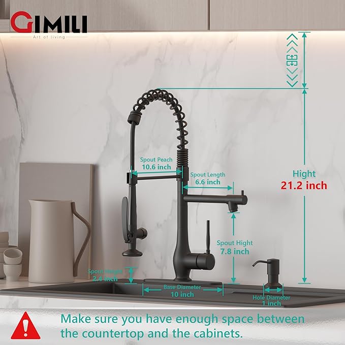 GIMILI Commercial Kitchen Faucet with Pull Down Sprayer, Double Headed Single Handle High Pressure Kitchen Faucet with Soap Dispenser Matte Black
