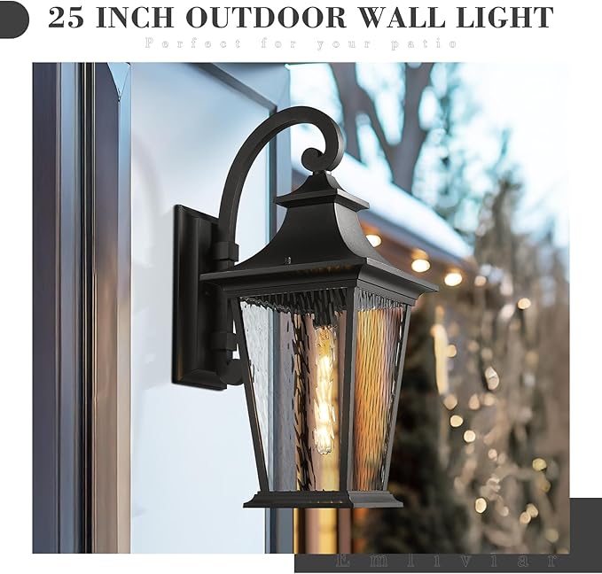 Emliviar 25 Inch Exterior Lighting Fixture, Black Outside Lights for House, Outdoor Wall Lantern with Water Ripple Glass, XE220B-SW BK