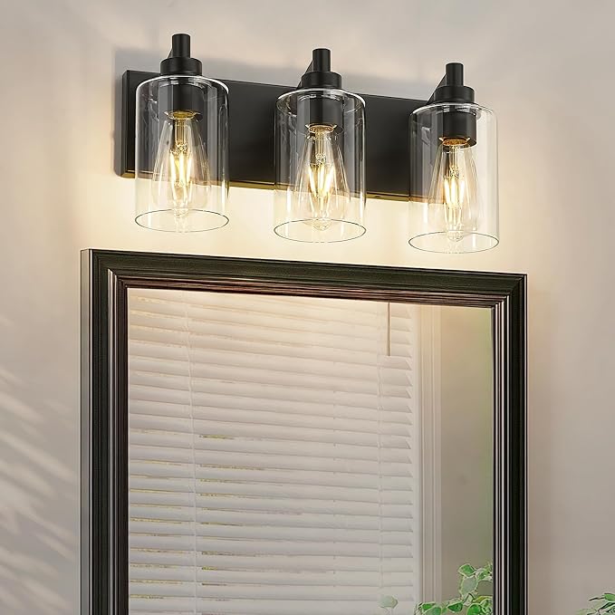 3-Light Bathroom Light Fixtures, Black Vanity Light with Cylinder Clear Glass Shade, Modern Vanity Lighting Fixtures Over Mirror, VL143-MB-3