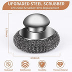 5Pcs Steel Wool Scrubber with Replacement Wire Sponge Pads Set, Stainless Steel Scrubber with Handle for Scouring Stubborn Messes from Cast Iron, Pots, Pans, Grill, Stoves, Sink(1 Scrubber+4 Pads)