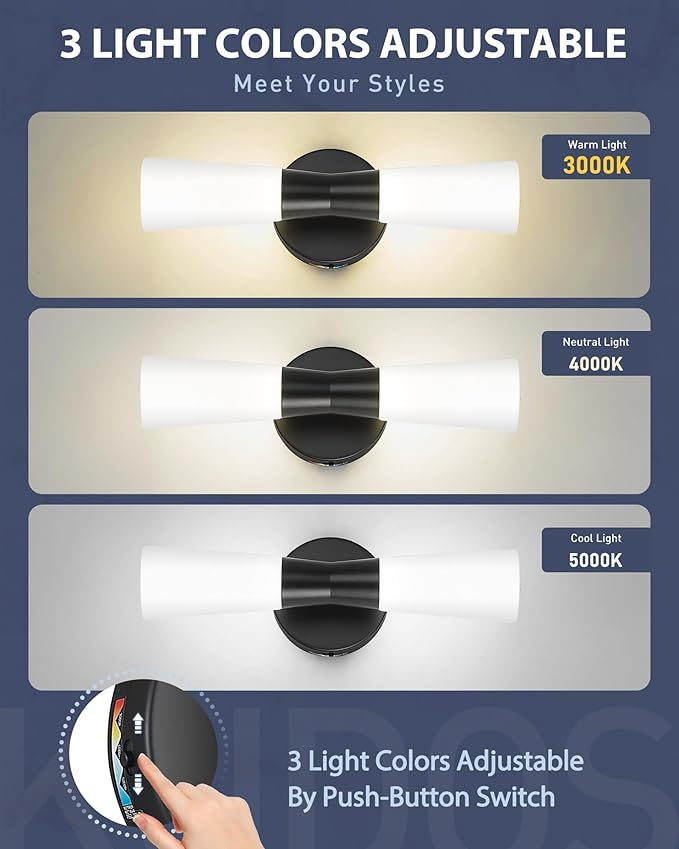 kudos Wall Sconces 16inches Black Vanity Light Fixtures, Modern Sconces Wall Lighting with Milk White Glass, Dimmerable 3000K/4000K/5000K for Bathroom Bedroom, KDVL13-BK