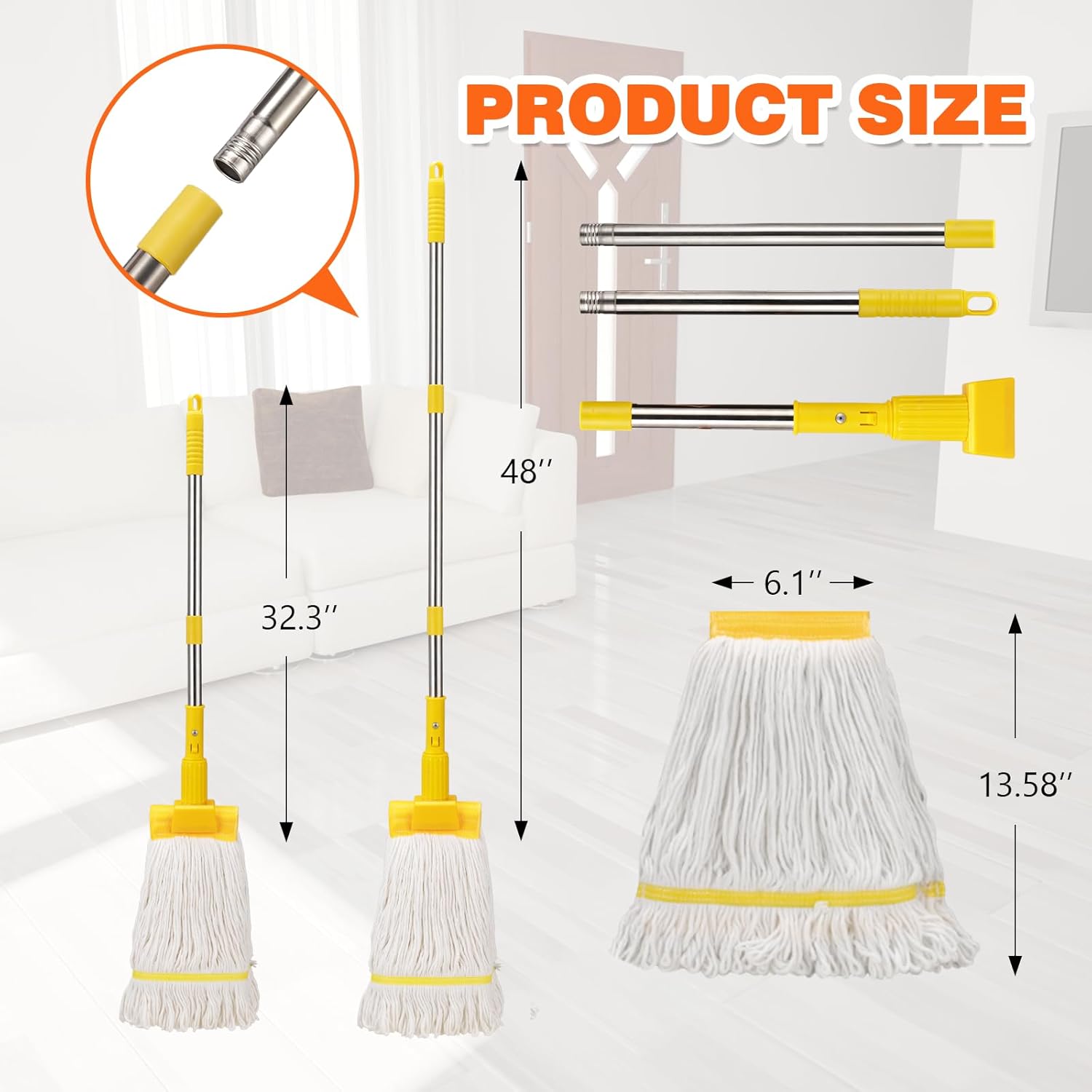 Professional Commercial Heavy Duty Mop,Clip Type Mop with 48" Long Handle,Cotton Wet Industrial Mops for Floor Cleaning,Home,Kitchen,Office,Garage and Concrete Tile Floor