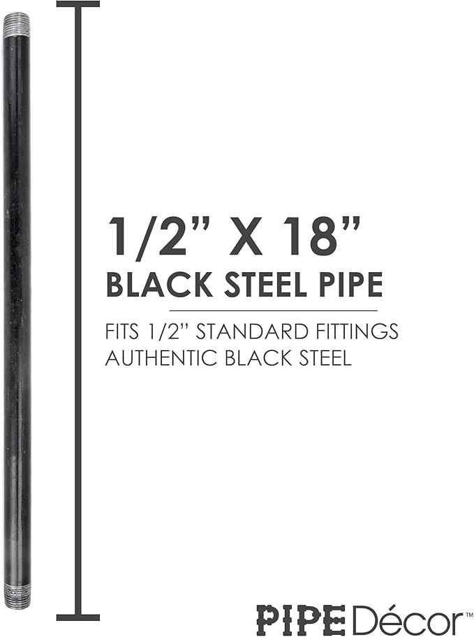 PIPE DÉCOR 1/2” x 18” Malleable Cast Iron Pipe, Pre Cut Connectors, Industrial Steel Grey Fits Standard Half Inch Black Threaded Pipes Nipples and Fittings, Build Vintage DIY Furniture, 6 Pack