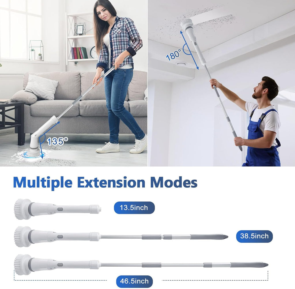 Qimedo Handheld Spin Scrubber with Extended Long Handle, Rechargeable Electric Scrubber for Cleaning, Cordless Power Dish Scrubber with 6 Brushes for Bathtub Grout Tile Floor