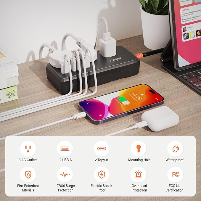Outdoor Power Strip Weatherproof, IPX6 Waterproof Surge Protector with 3 AC Outlets and 2USB A&2USB C, 6FT Extension Cord, Wall Mountable for Indoor Outdoor, UL FCC Listed