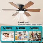 52inch Brown Ceiling Fans with Lights and Remote/App Control, Low Profile Ceiling Fan with Light and 6 Double-Side blades, Flush Mount, LED/RGB Dimmable DC Reversible Modern Ceiling Fan for Bedroom