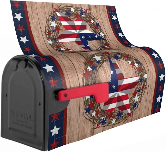 American Flag Star Patriotic Mailbox Cover Magnetic 4th of July Independence Day Standard Size 21 x 18 In Farmhouse Rustic Welcome Post Box Wrap Garden Yard Home Decor