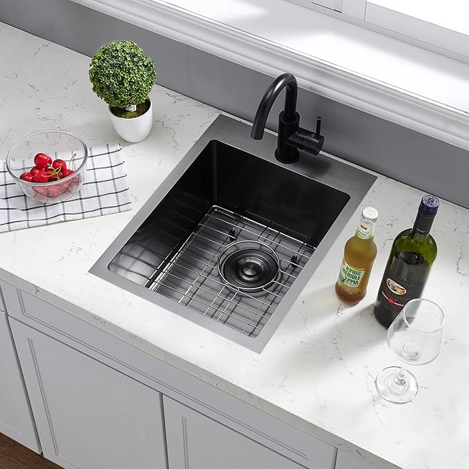 SHACO 15x20 Inch Black Drop In Bar Sink, 15 Inch Top Mount RV Kitchen 16 Gauge Stainless Steel Sink for Small Kitchen Wet Bar Prep RV Yard Office Laundry with Dish Grid & Drain, Gunmetal Black