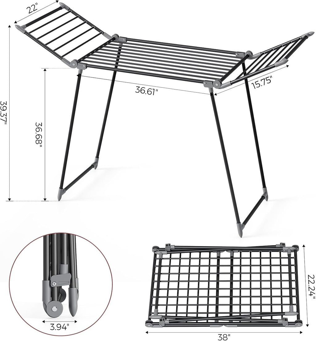 APEXCHASER Clothes Drying Rack Foldable, Large Drying Rack Clothing, Winged Laundry Rack Folding Indoor Outdoor, Metal Clothes Airer for Bedding Towel Sweater Heavy Duty, 68.9" X 23.6" X 41.3", Black