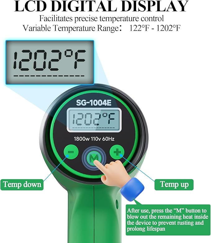 1800W Heat Gun with LCD Digital Display, Variable Temperature Control 122℉-1202℉（50℃- 650℃）with 4 Nozzles for Crafts, Vinyl Wrap, Shrink Tubing (SG-1004E)