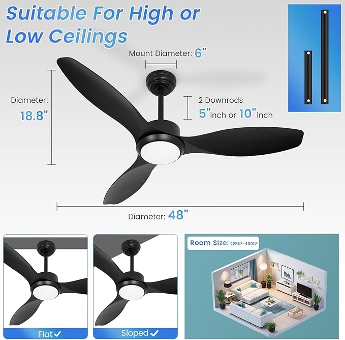 48 inch Ceiling Fans with Lights,Black Ceiling Fan with Light and Remote,3 Color Light,6 Speed,DC Motor,for Bedroom/Outdoor/Patios,Black