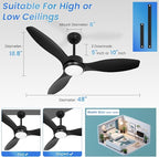 48 inch Ceiling Fans with Lights,Black Ceiling Fan with Light and Remote,3 Color Light,6 Speed,DC Motor,for Bedroom/Outdoor/Patios,Black