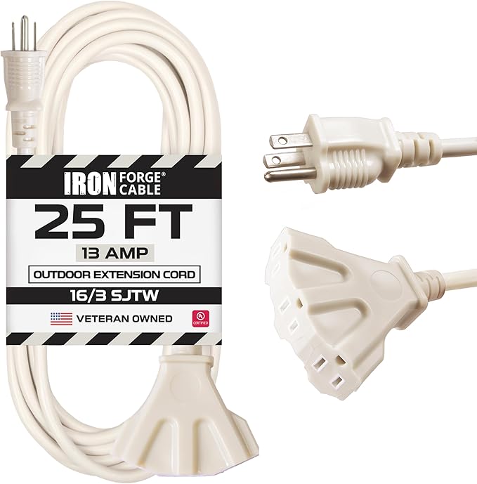 Iron Forge Cable Weatherproof 25 Ft Outdoor Extension Cord with 3 Outlets - 16/3 SJTW Heavy Duty Beige Extension Cord 3 Prong - 13 Amp Power Cable