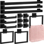 Gisafai 15 Pcs Bathroom Hardware Accessories Set 23.6 Inch Bath Towel Bar Kit Stainless Steel Bathroom Hardware Set Towel Racks Ring Hooks Paper Holder for Wall Mounted (Black)