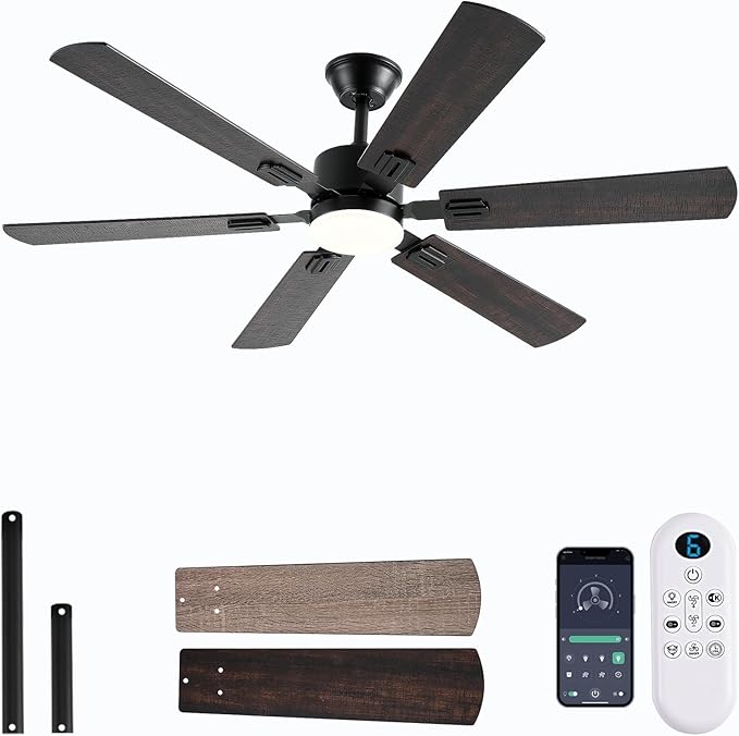 56inch Ceiling Fans with Lights and Remote/App Control, Dimmable LED, Reversible DC Motor, Noiseless, 6 Double-side blades, Modern Low Profile Ceiling Fan for Indoor/Outdoor Use (Brown)