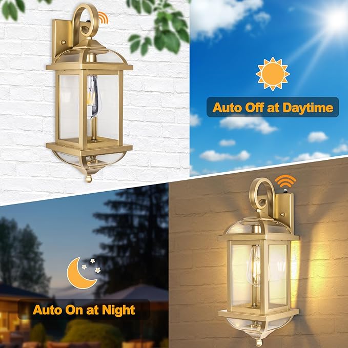Large Dusk to Dawn Golden Outdoor Sconces 2-Pack, Anti-Rust Aluminum Brass Outdoor Light Fixtures Enclosed Bottom Exterior Lighting Wall Scones IP65 Waterproof Outside Wall Lanterns