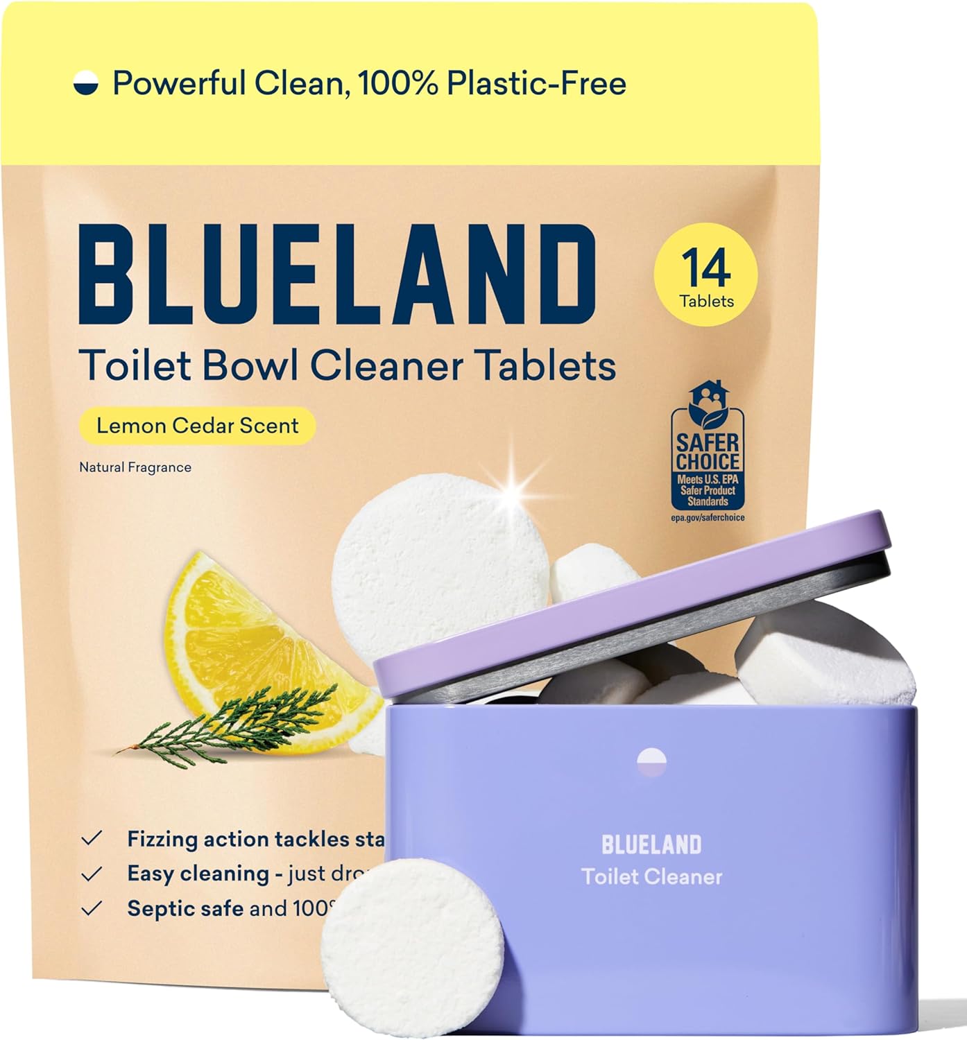 BLUELAND Toilet Bowl Cleaner Tablets, Starter Set, 14 Count with Tin, Lemon Cedar, Plastic-Free, No Harsh Chemicals, Plant-Based