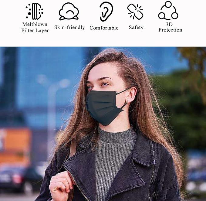 100PCs Black Disposable Face Mask 3-Ply Breathable & Comfortable Safety Mask, Protective Masks for Home, Office, School and Outdoors