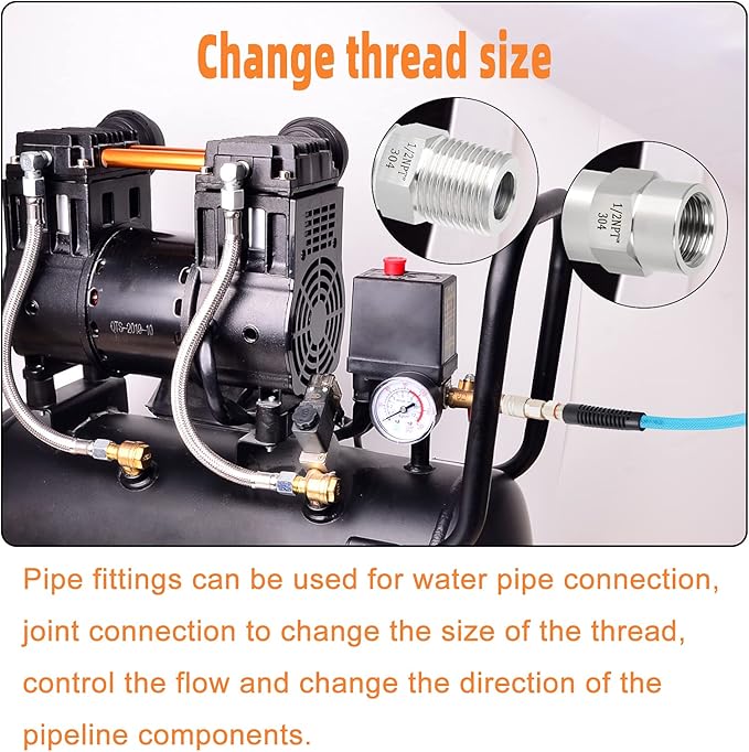 GASHER 4PCS 304 Stainless Steel Pipe Fitting, Hex Nipple Hex Coupling, 1/2" x 1/2" NPT Male Thread Pipe, 1/2Inch x 1/2Inch NPT Female Thread Pipe