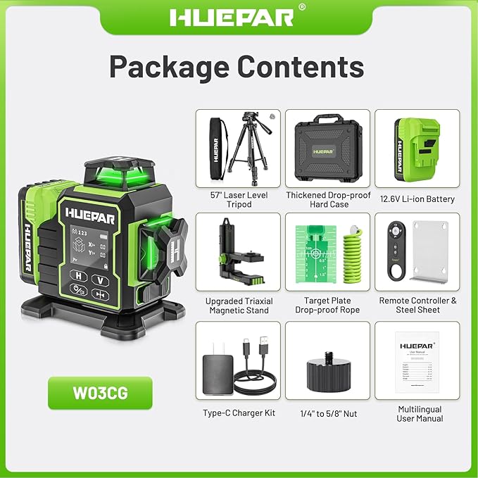 Huepar W03CG Laser Level 360 Self Leveling with 60" Tripod, 3x360° Bluetooth Laser Level with Electric Rotating Base ＆ Large LCD Screen, Laser Class: Class II (IEC/EN60825-1/2014), 1mW power output