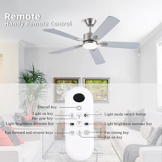 52inch Ceiling Fans with Lights and Remote/App Control, Double-Side Blades, Dimmable LED, Reversible DC Motor, Noiseless, Modern Low Profile Ceiling Fan for Indoor/Outdoor Use (Nickel)