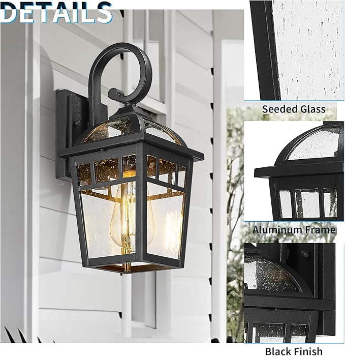 Front Porch Lights Outdoor Wall Lights Exterior Wall Sconce, Matte Black Exterior Light Fixtures with Seeded Glass Farmhouse Outdoor Lighting Fixtures for House Garage Porch Patio, 2 Pack
