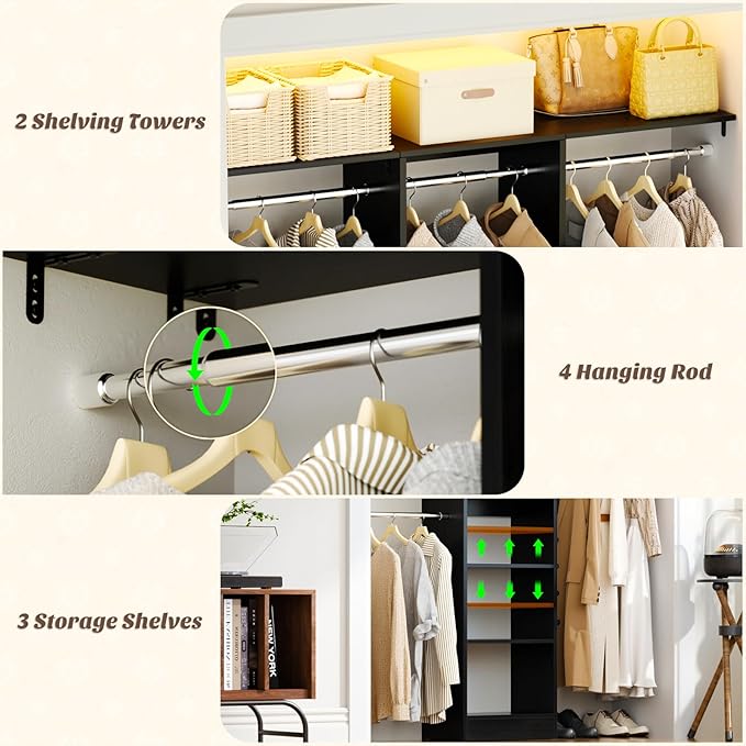 48" Small Closet Organizer, 4FT Closet System for Small Closets with 4 Hanging Rods & 3 Shelves, 80"H Small Closet Organizers and Storage for Bedrooms, Cloakrooms, Black