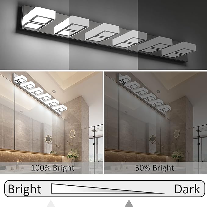 Ralbay Modern Chrome Bathroom Vanity Lights Dimmable 6 Lights Acrylic Stainless Steel Modern LED Vanity Light Fixtures for Bathroom Lighting Dimmable 6000K Cool White Light