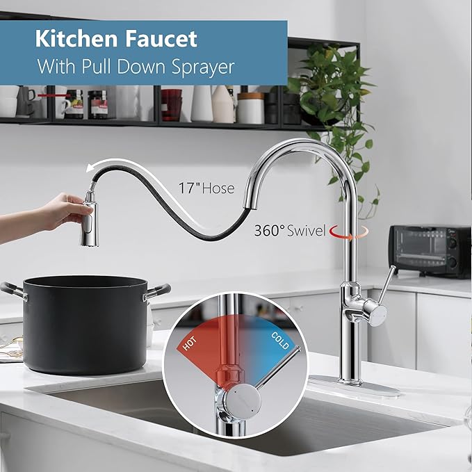Polished Chrome Kitchen Faucets Solid Brass High Arc One-Handle Kitchen Faucet with Pull Down Sprayer,Kitchen Sink Faucets with Escutcheon